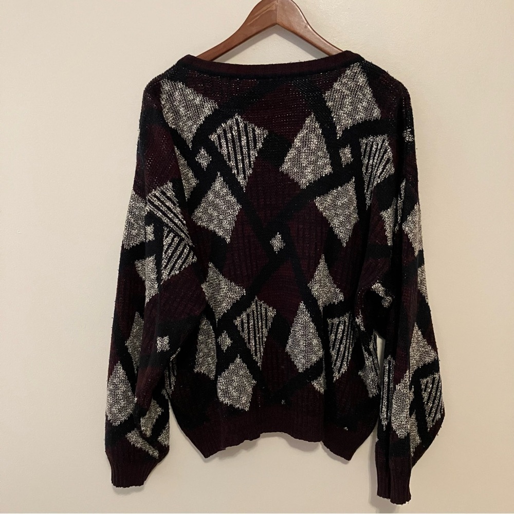 VTG Point Zero Sweater Men L Black Burgundy Geometric Pullover Knit 90s Cosby - Picture 6 of 6